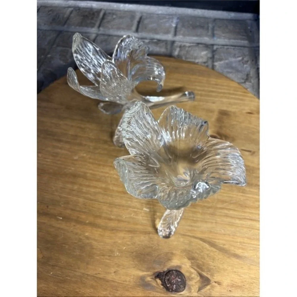 2 Vintage Clear Glass Lily Shaped Bud Vases /Candle Holders Hand Blown GIFT RARE